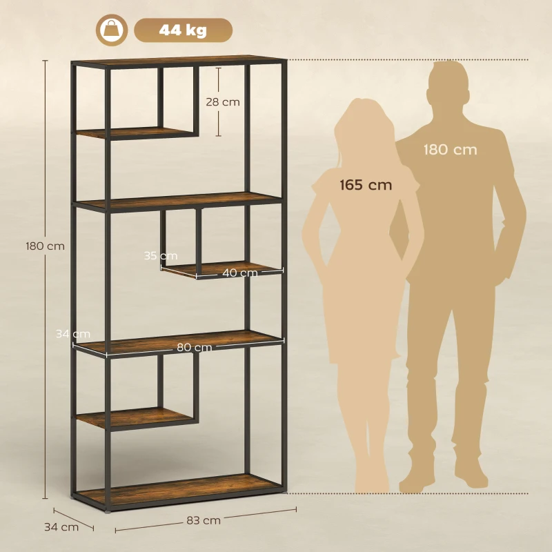 HOMCOM Bücherregal Wandregal Regal, Industrie-Design, 7 Regalböden, 83 cm x 34 cm x 180 cm, Braun + Schwarz