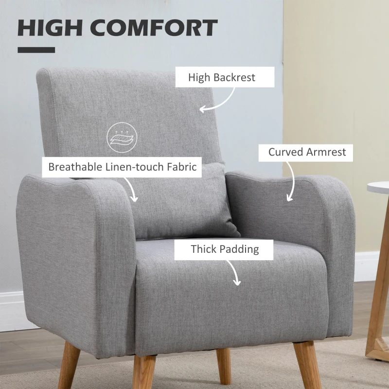 HOMCOM Accent Chair, Linen-Touch Armchair, Upholstered Leisure Lounge Sofa for Living Room, Club Chair with Wooden Frame, Grey