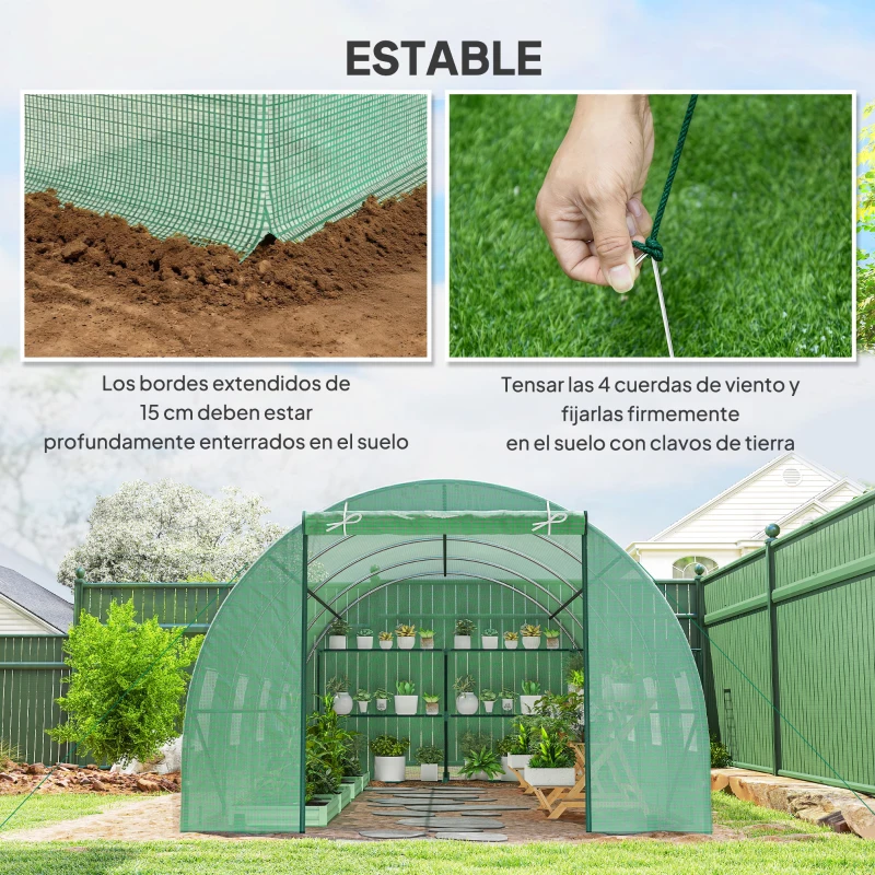 Outsunny Invernadero de Túnel 600x300x200 cm Invernadero de Jardín con Puerta Enrollable 8 Ventanas Cubierta PE 140g/m² y Tubo de Acero para Cultivos Plantas Verduras Verde