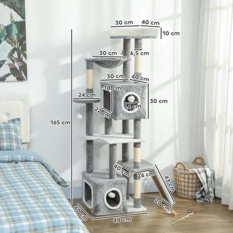 PawHut Arbre à chat tour de jeux pour chats centre d'activités 2 niches plateformes hamac échelle et 4 pompons 165 cm gris