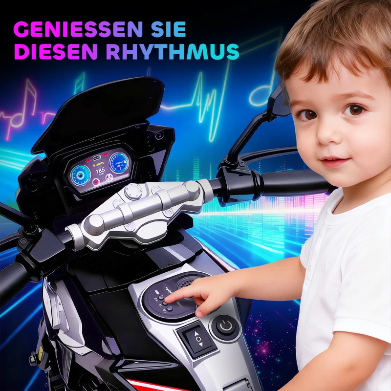 AIYAPLAY Elektro-Motorrad für Kinder von 18-36 Monaten, Aufsitz-Fahrzeug, Hilfsräder, Lichter, Musik, Kunststoff, Stahl, Schwarz