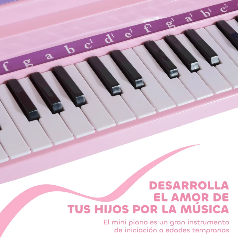 HOMCOM Piano Infantil 37 Teclas Teclado Electrónico Piano para Niños con Micrófono Taburete Luces y 22 Canciones USB/MP3 Karaoke Modo de Enseñanza Rosa