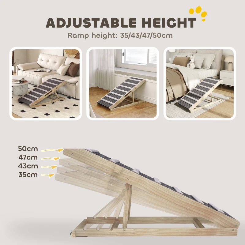 PawHut Dog Ramp for Couch, Adjustable Folding Pet Ramp, 4 Adjustable Height Dog Climbing Ladder, 35/43/47/50 cm Height