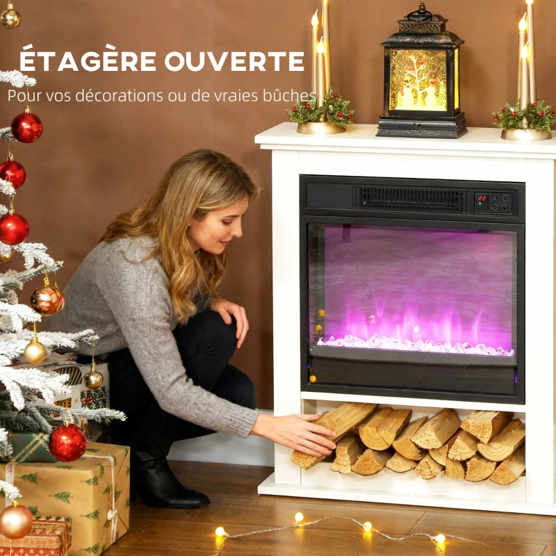 HOMCOM Cheminée électrique 1800W, fausse cheminée décorative, effet flamme à 9 couleurs et 5 luminosité, 62,5x20x72,5cm, blanc