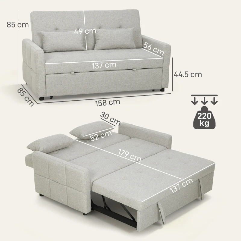 HOMCOM Divano 2 Posti Convertibile in Divano Letto Clic Clac con 2 Cuscini in Tessuto, Marrone Chiaro