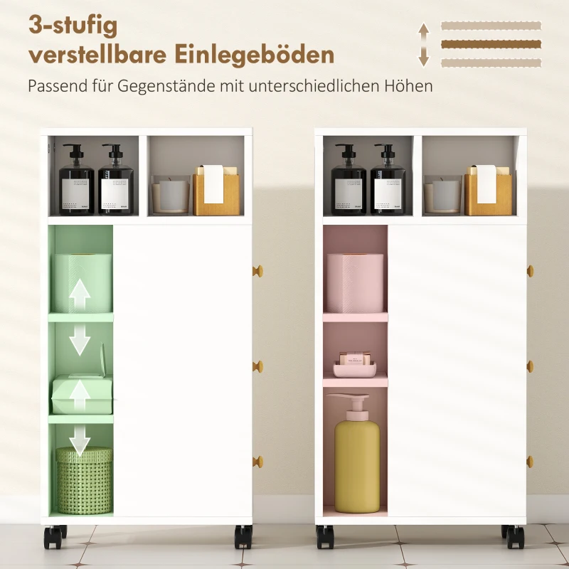 HOMCOM Badezimmerschrank Schmal, Badschrank mit 4 Rollen, 3 Schubladen, 5 offenen Fächern, 20x40x80cm, Weiß
