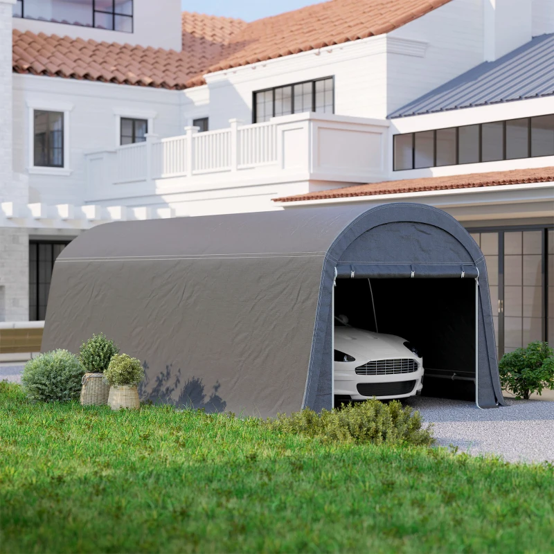 Outsunny Gartenschuppen mit Kunststoff-Plane, Werkzeugzelt, aufstellbare Garage, 300B x 600T x 230H cm, Dunkelgrau(m-8)