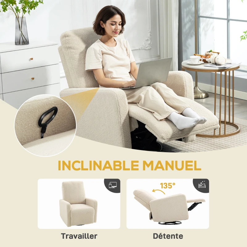 HOMCOM Fauteuil inclinable, fauteuil de relaxation avec repose-pieds, pivotant à 360° et basculant, 76 x 94 x 100 cm, beige