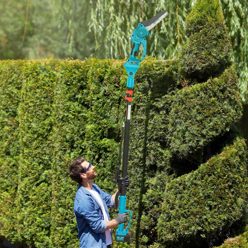 Outsunny Mini tronçonneuse à batterie 8 pouces 6000mAh 580W élagueuse sans fil pour branches et jardin perche télescopique bleu(m-10)