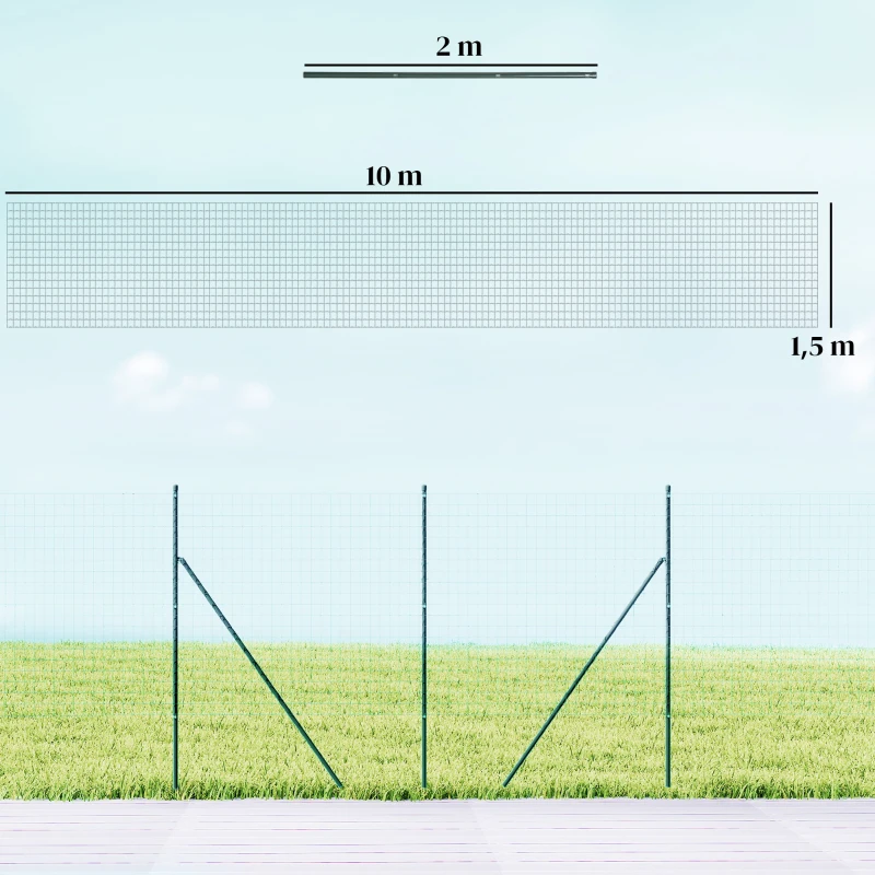 Outsunny Grillage Rouleau soudé - Maille 7,3L x 6,3l cm - Hauteur 2 m - Longueur 10 m - poteaux, Jambes de Force Inclus - Acier revêtement PVC Vert