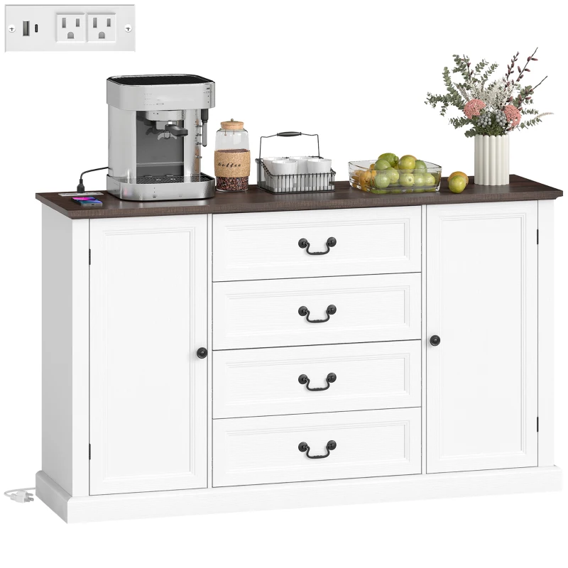 HOMCOM Credenza da Cucina Stile Vintage con 4 Cassetti e 2 Armadietti con Mensole Regolabili, 147x40x87, Legno Bianco