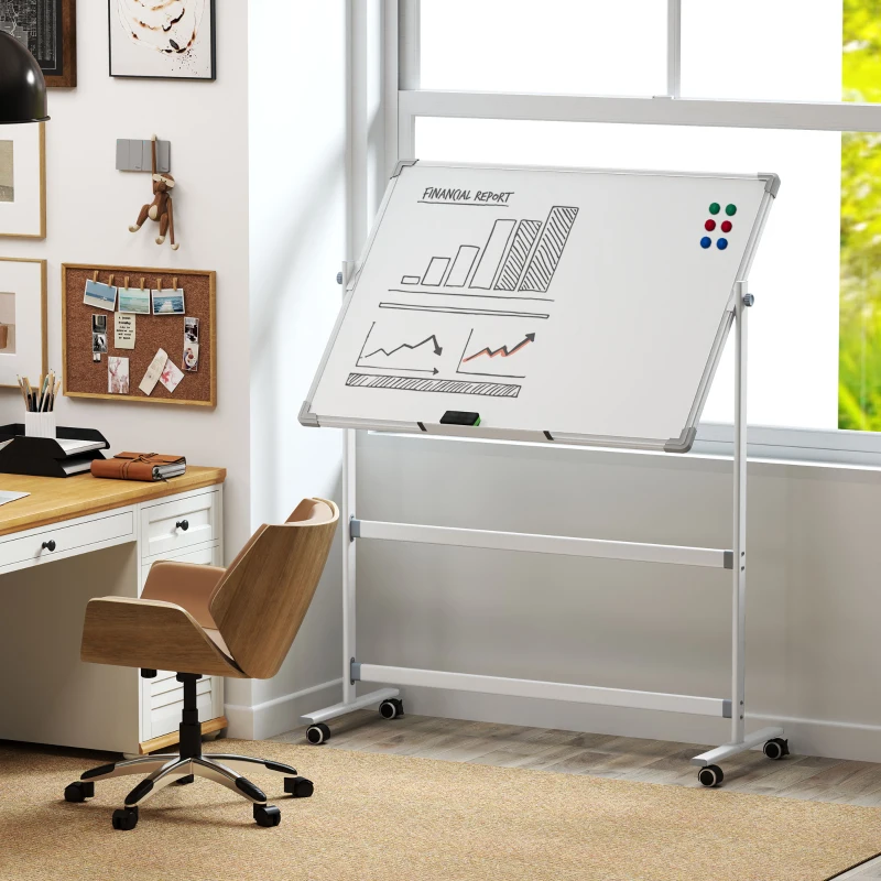 HOMCOM Tableau blanc magnétique double face effacable rotatif mobile avec support, aimants, marqueurs, gomme et roulettes