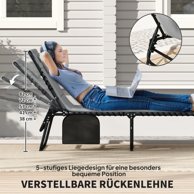 Outsunny 2er Set Sonnenliege klappbar Gartenliege mit Kopfkissen 5-Fach höhenverstellbarer Rückenlehne Seitentasche Dunkelgrau