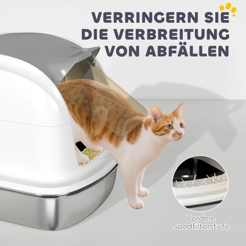 PawHut Lettiera in acciaio inox con coperchio, toilette per gatti con vaschetta, paletta, per gatto fino a 5 kg, 52,4 x 41,3 x 42 cm, Bianco