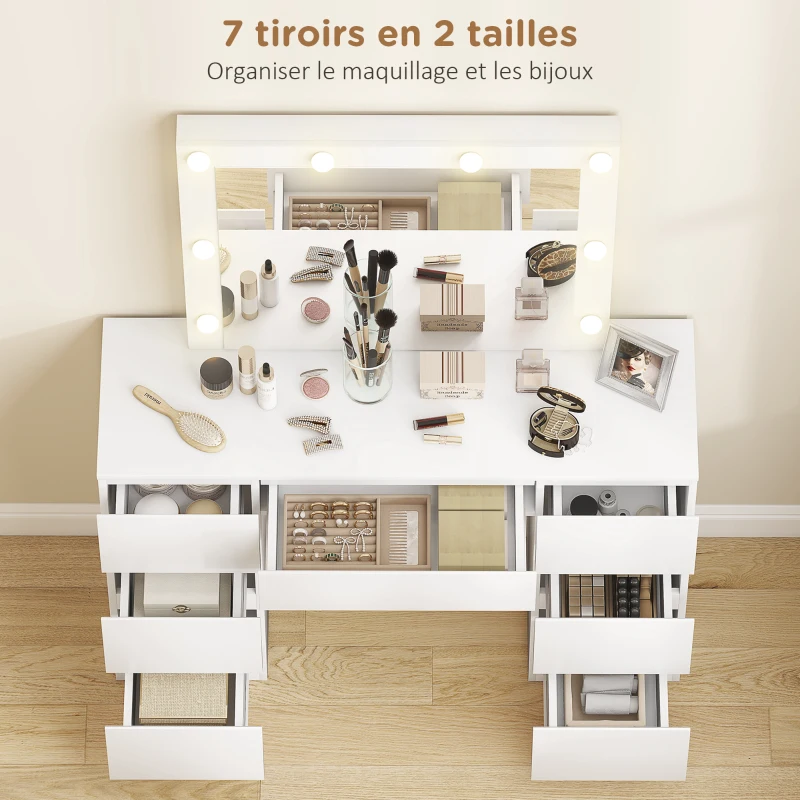 HOMCOM Coiffeuse avec miroir et tabouret table de maquillage avec miroir LED tabouret rembourré 7 tiroirs 110x39,5x140cm blanc