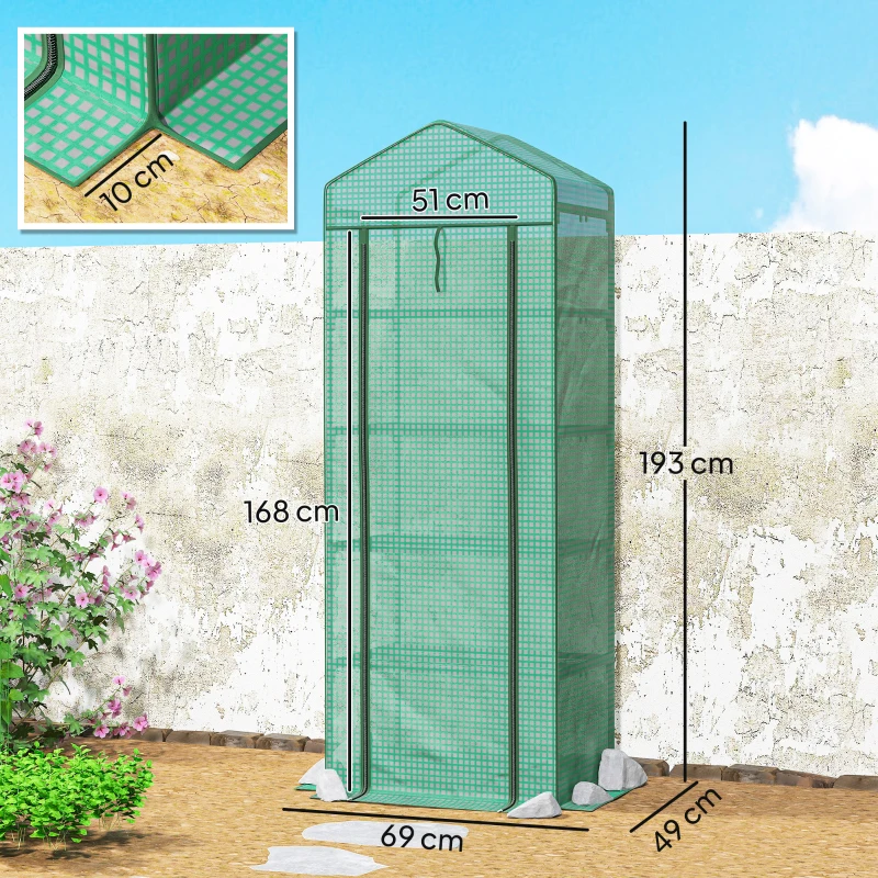 Outsunny Serra per Piante a 5 Livelli con Porta a Zip, in Acciaio e PE, 69x49x193 cm, Verde