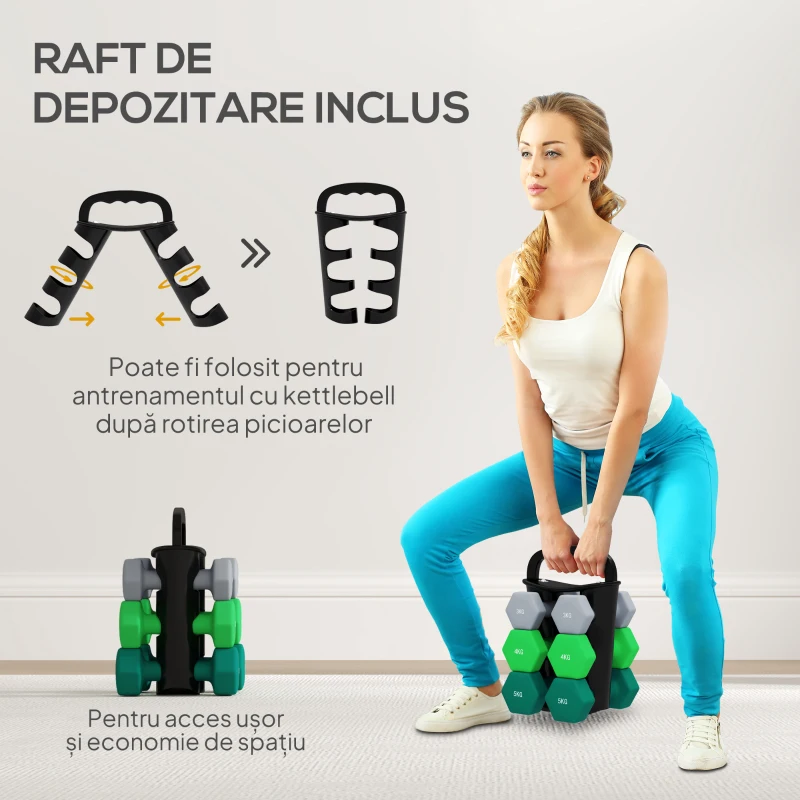 SPORTNOW Set Gantere cu Suport, 3 Perechi de Greutăți de 2 x 3 kg, 2 x 4 kg, 2 x 5 kg, Multicolor