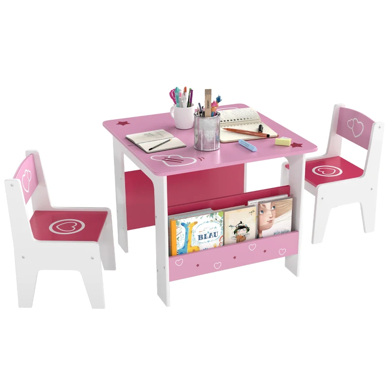 AIYAPLAY 3 Pieces Kids Table and Chair Set, Toddler Activity Table with Bookshelves, for Living Room, Nursery, Playroom, Pink