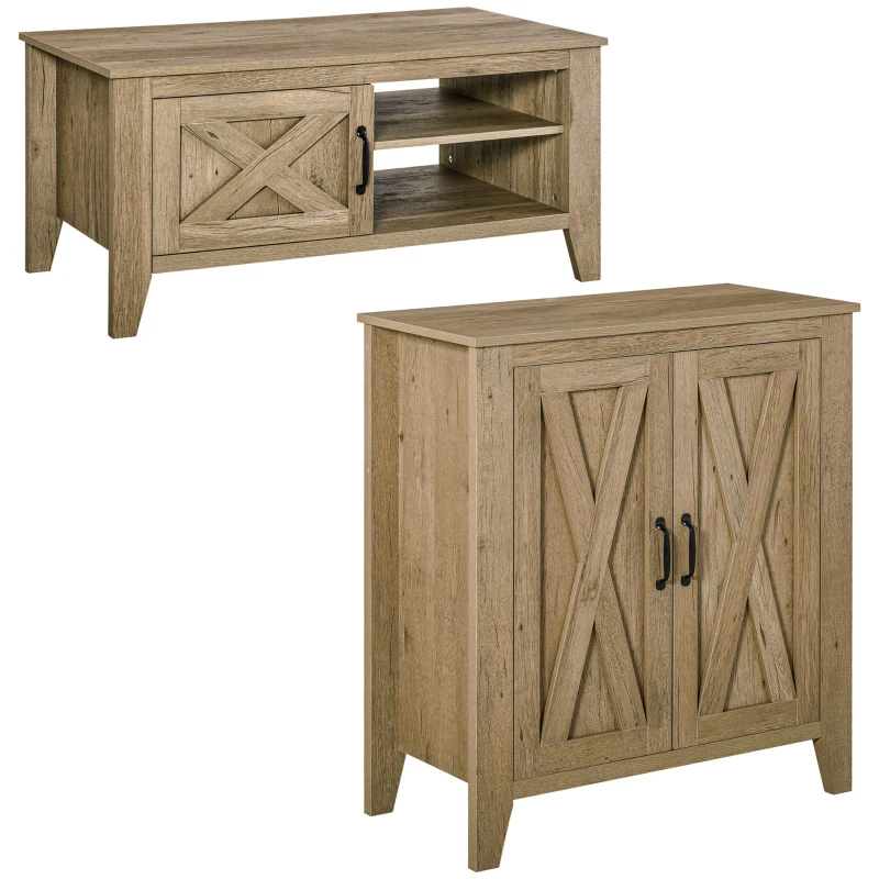 HOMCOM Ensemble de table basse et buffet de cuisine style rural chic multi-rangement - en Bois Aspect chêne