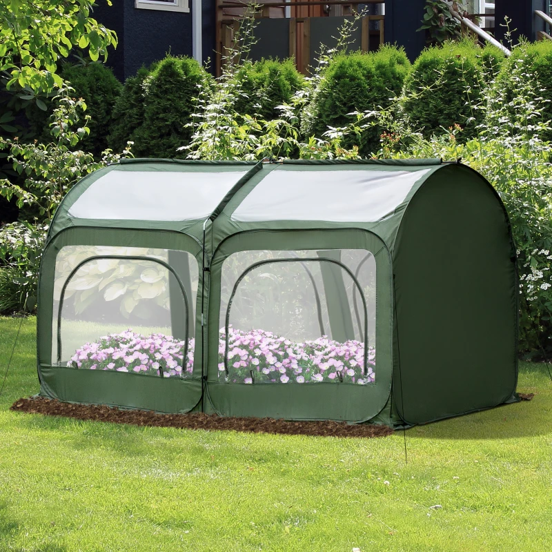 Outsunny Serre de jardin pop-up, serre de balcon, bâche renforcée PVC, châssis en acier, 4 portes zippées enroulables, sac de transport inclus, pour légumes plantes fleurs, 245x120x120cm, vert
