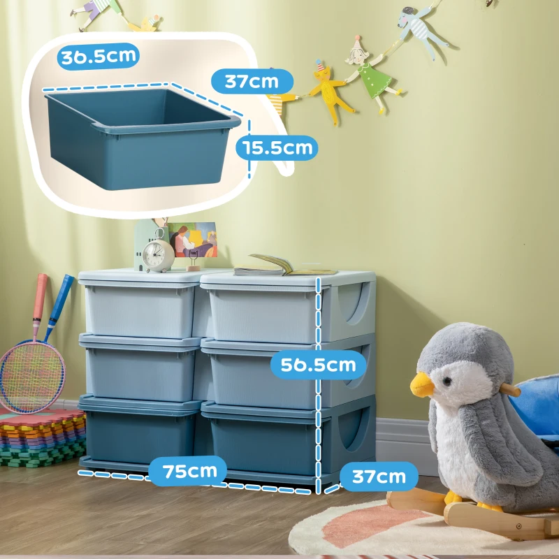 HOMCOM Cassettiera 6 Cassetti per Bambini 3-6 Anni con Bordi Arrotondati, in PP Blu, 75x37x56.5 cm