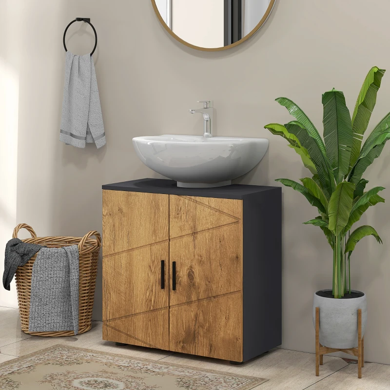 kleankin Meuble sous vasque lavabo meuble de salle de bain 2 portes avec étagère 60 x 30 x 60 cm gris anthracite et aspect bois