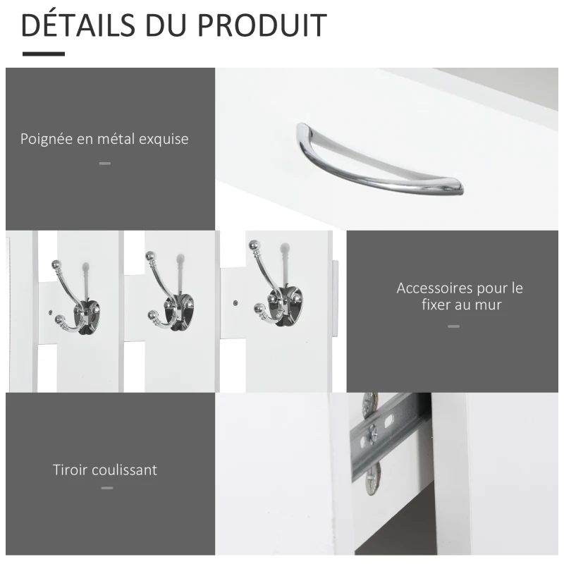HOMCOM Ensembles 3 en 1 de meuble d'entrée vestiaire avec panneau porte-manteau, miroir et banc à chaussures - 6 crochets et étagère réglable, blanc