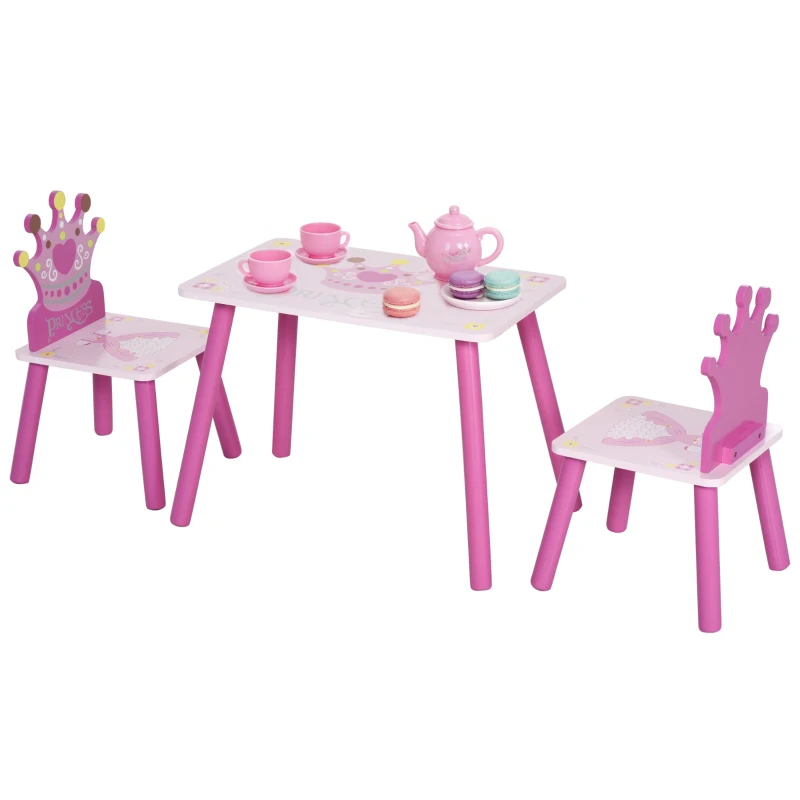 HOMCOM Ensemble table et 2 chaises enfant 3 pièces, pieds en bois massif, table enfant avec chaise motif couronne, pour filles et garçons de 2 à 4 ans, rose