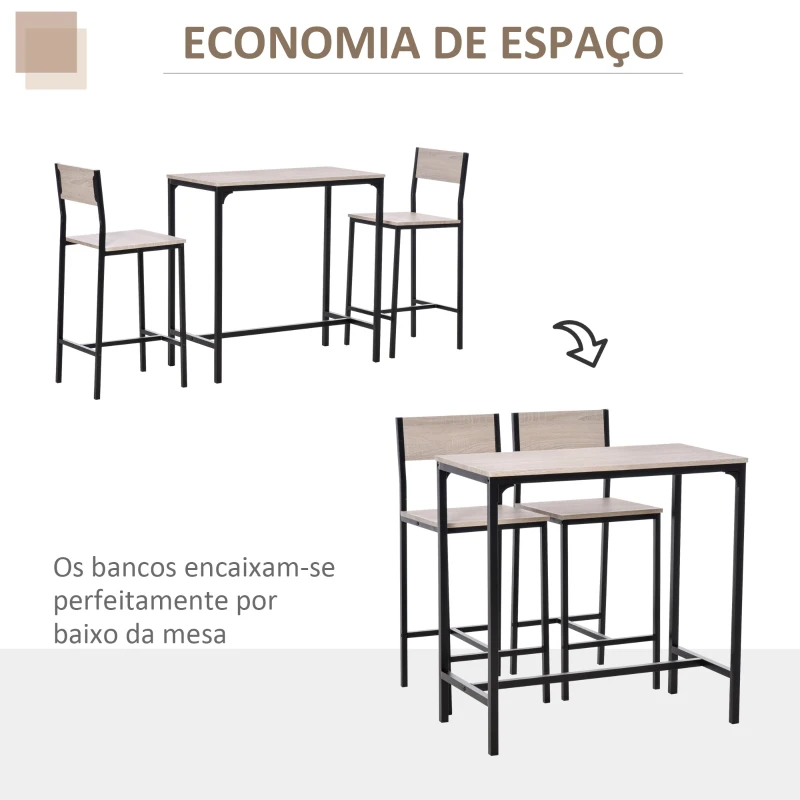HOMCOM Conjunto de Mesa de Bar com 2 Bancos Conjunto de 3 Peças com 2 Bancos com Encosto e Apoio para Pés Design Industrial Madeira e Preto