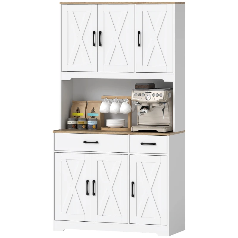 HOMCOM Buffet haut cuisine armoire de cuisine avec 6 portes 2 tiroirs plan de travail étagères réglables 94x39,5x175,2cm blanc