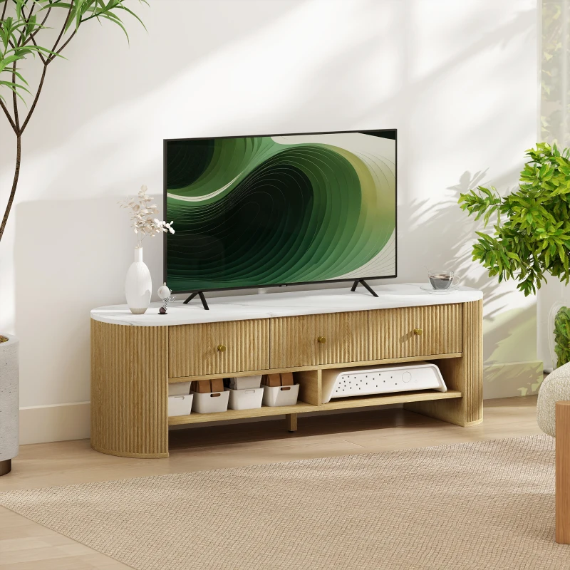 HOMCOM Meuble TV 140 cm, meuble télé pour téléviseur 65 pouces effet marbre 3 tiroirs façades à cannelures effet bois naturel
