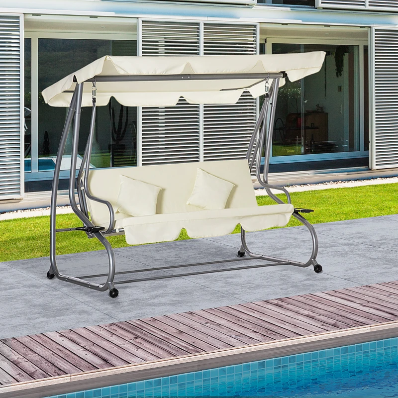 Outsunny Balancelle de jardin 3 places convertible toit inclinaison réglable 2 x 1,2 x 1,64 m acier polyester beige