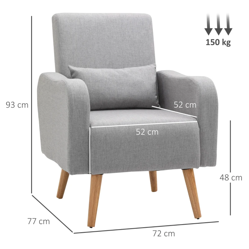 HOMCOM Accent Chair, Linen-Touch Armchair, Upholstered Leisure Lounge Sofa for Living Room, Club Chair with Wooden Frame, Grey