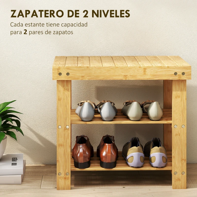 HOMCOM Banco Zapatero de Bambú de 3 Niveles para 4 Pares Zapatos 50x28x45 cm Natural