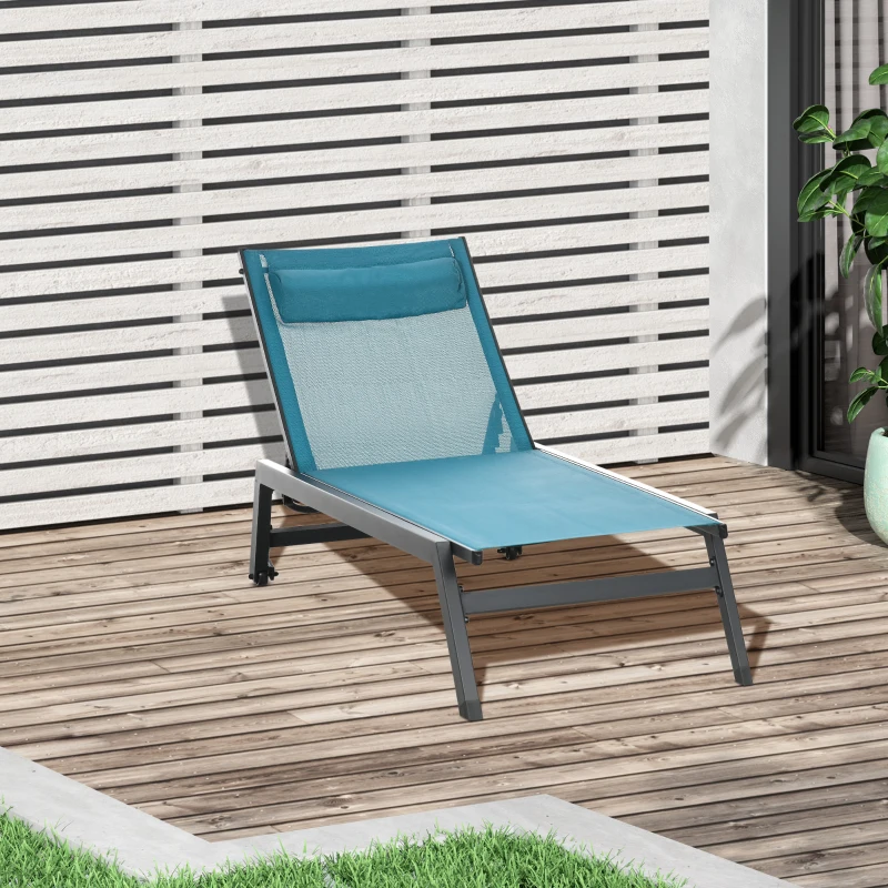 Outsunny Bain de soleil transat en aluminium et textilène avec roulettes et repose-tête dossier inclinable bleu