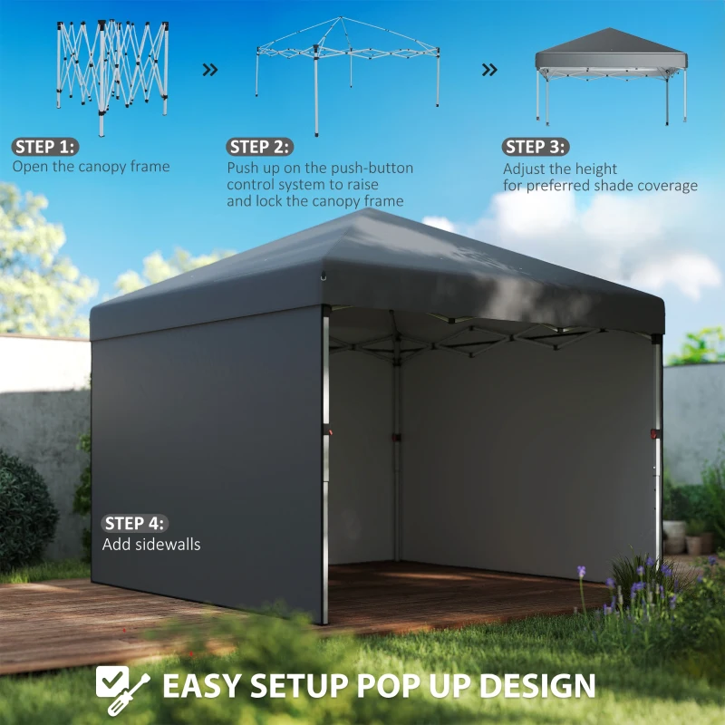 Outsunny 3 x 3 (M) Pop Up Gazebo, UPF 30+ with 2 Sidewalls, Leg Weight Bags and Wheeled Bag, Height Adjustable Party Tent Event Shelter for Garden, Patio, Dark Grey