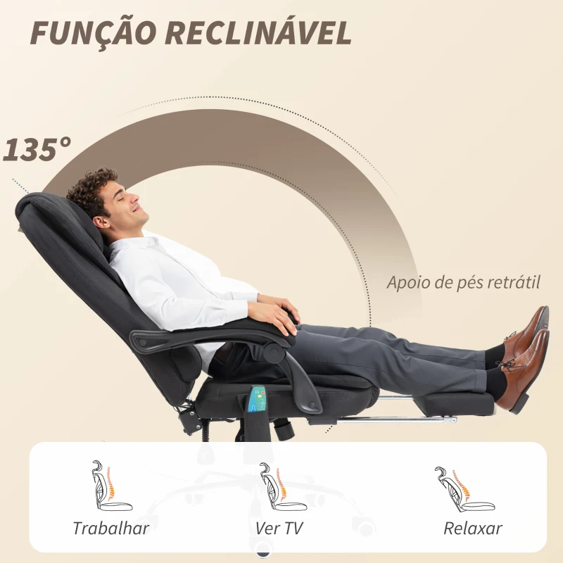 Vinsetto Cadeira de Escritório com 6 Pontos de Massagem Giratória com Encosto Reclinável 135º Função de Aquecimento 65x70x111-119 cm Preto