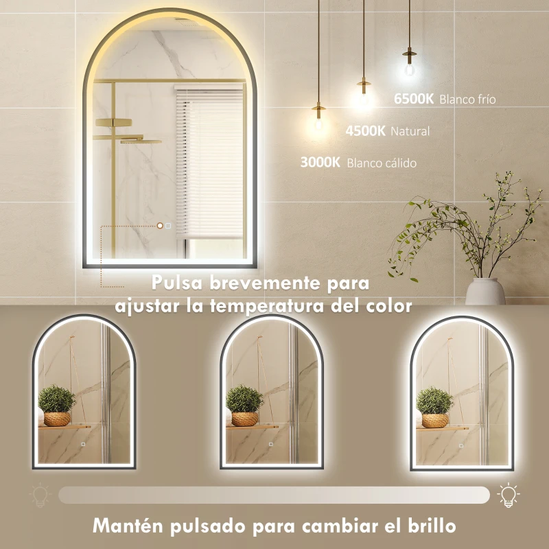 HOMCOM Espejo de Baño con Luz 60x90 cm Espejo de Pared Arqueado 3 Colores de Luz Brillo Regulable Función Antivaho Negro