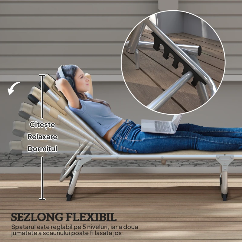 Outsunny Șezlong de plajă, Pliabil cu suport pentru cap, spătar reglabil, aluminiu și textilene, bej