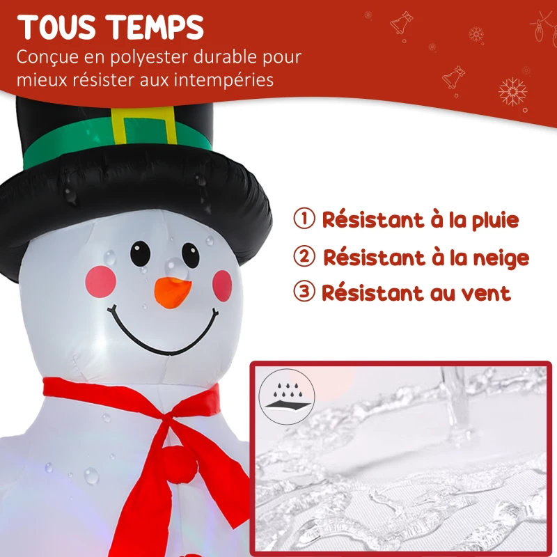 Outsunny Bonhomme de neige gonflable de Noël, 240 cm, décoration gonflables de Noël avec lumières LED, 177x78x240cm, multicolore