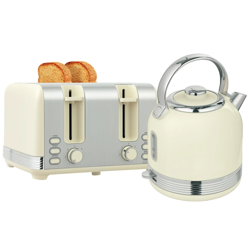 HOMCOM Polished Stainless Steel Kettle and Toaster Set - Cream