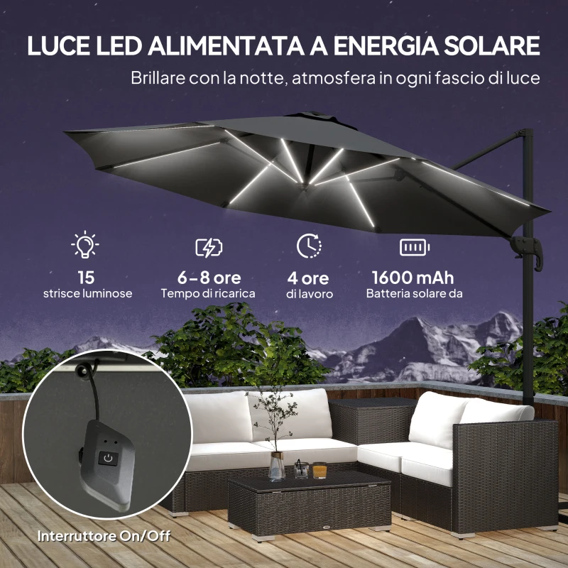 Outsunny Ombrellone a Braccio per Esterno con Luci a LED e Angolo Regolabile, in Alluminio e Poliestere Ø3x2.5 m, Grigio