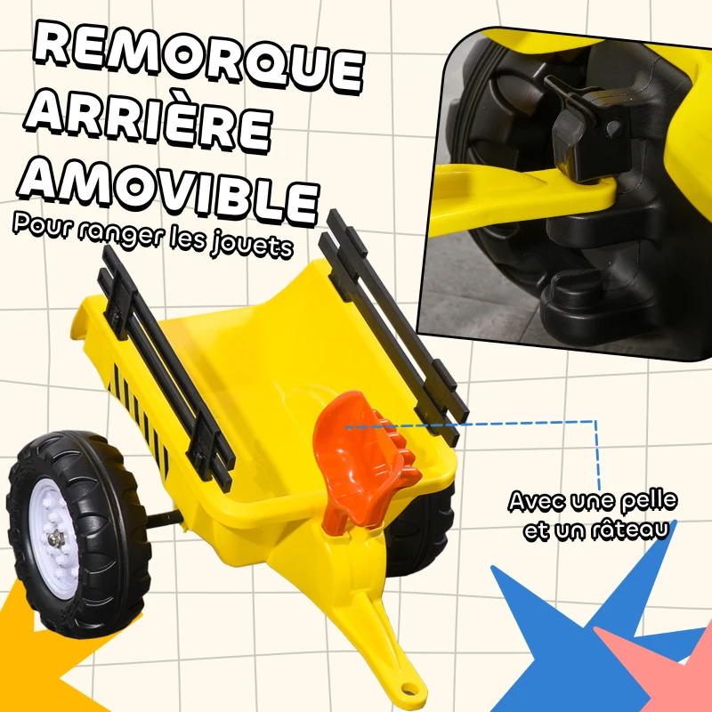 HOMCOM Porteur tracteur enfants avec remorque, râteau et pelle, tracteur à pédales 6 roues, charge 35 kg, pour 3+ ans, jaune