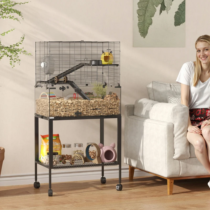 PawHut Hamsterkooi, verblijf voor kleine huisdieren met 3 niveaus, looprad, huisje, platforms, hellingen, voerschaal, waterfles, accessoires, staal, kunststof, zwart