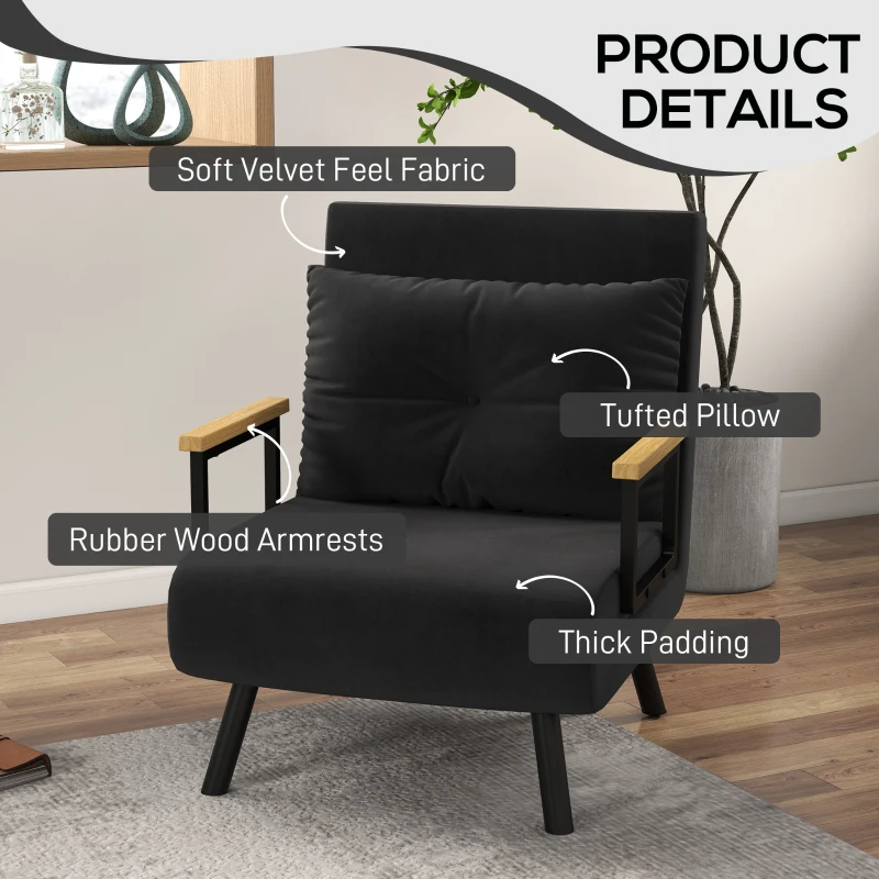 HOMCOM Canapea Extensibilă cu Spătar Reglabil pe 5 Nivele, Canapea Pat Individuală Pliabilă cu Perne, 63x73x81 cm, Negru(m-6)