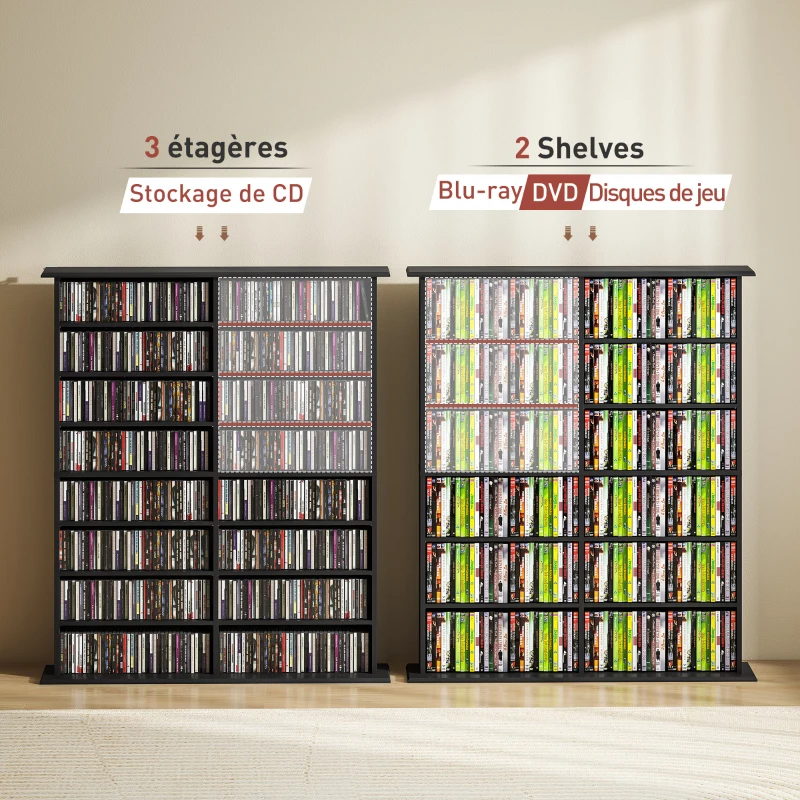 HOMCOM Rangements pour CD et DVD avec 16 compartiments et 12 étagères réglables capacité max. 720 CD/396 DVD et Blu-ray noir(m-7)