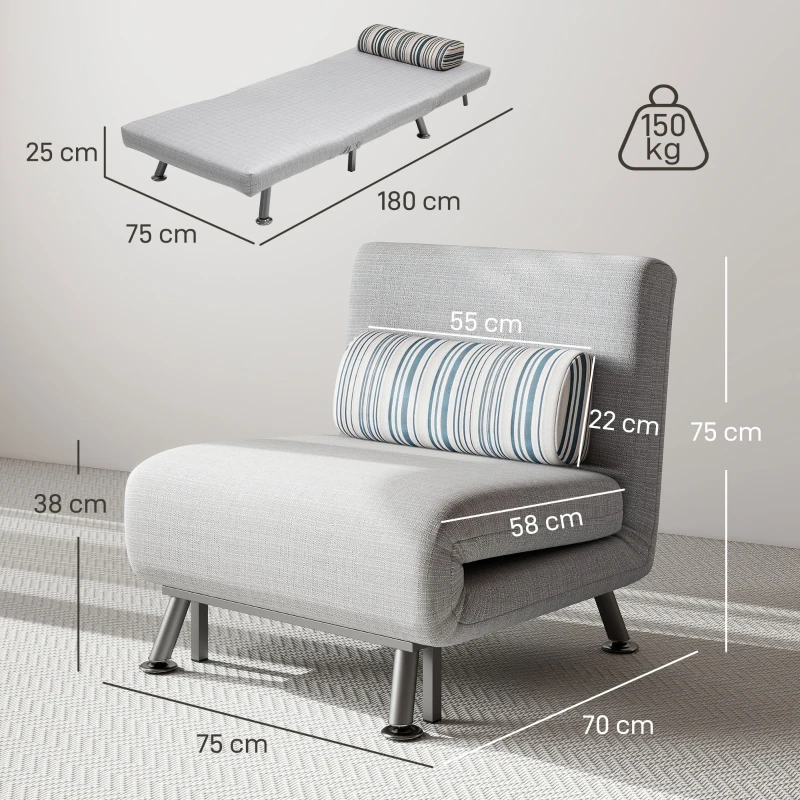 HOMCOM Single Sofa Bed, 1 Person Sleeper Foldable Lounge with Pillow, Grey(m-3)