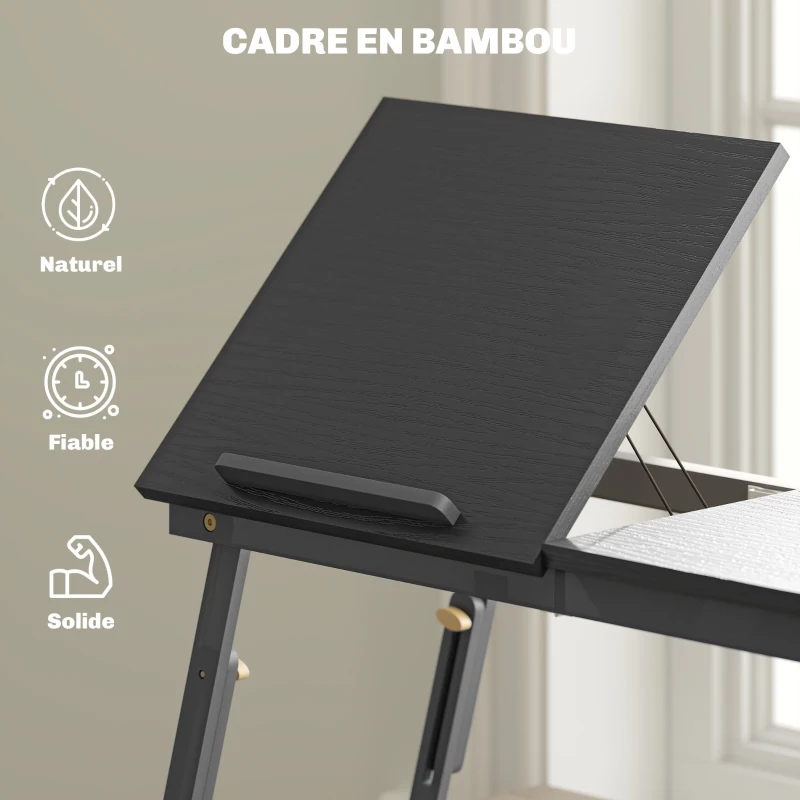HOMCOM Table de lit pliable et réglable, plateau de lit pour ordinateur portable en bambou plateau inclinable 83,5x33x34cm noir