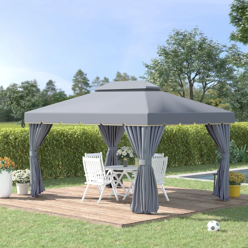 Outsunny Pérgola de Jardim 4x3m Pérgola de Alumínio com Teto de Ventilação 4 Cortinas Laterais Tela Mosquiteira  e 8 Orifícios de Drenagem para Exterior Pátio Festas Cinza