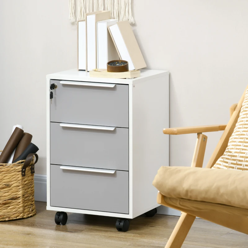 HOMCOM Caisson de bureau à roulettes avec 3 tiroirs et serrure pour dossiers 40 x 40 x 63,5 cm blanc et gris